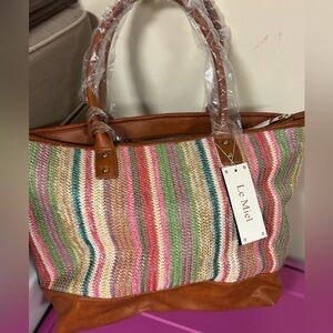 Le Miel Striped Women's Handbag- Pink, Green, Tan